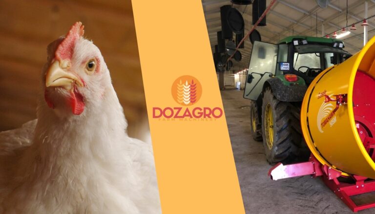 Kura, logo DOZAGRO i maszyna rolnicza