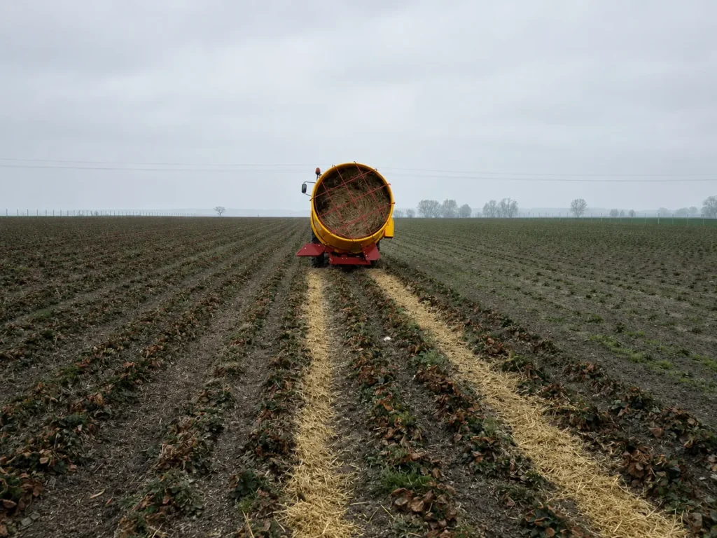 Mechaniczne rozprowadzanie słomy między rzędami truskawek